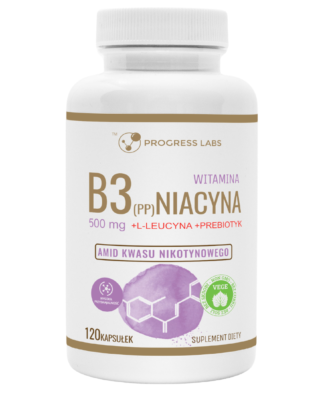 WITAMINA B3 <br> NIACYNA 500 mg <br> PRODUKT WEGAŃSKI <br> 120 KAPSUŁEK