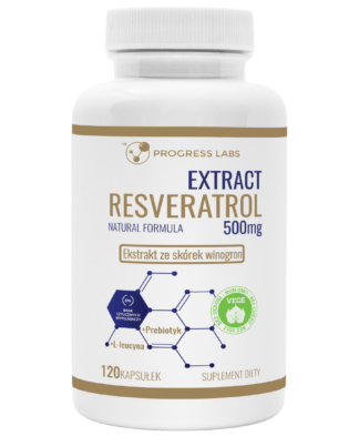 RESVERATROL <br> 500 mg <br> EKSTRAKT ZE SKÓREK WINOGRON <br> 120 KAPSUŁEK