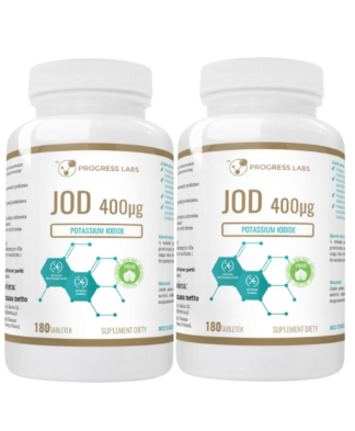 JOD JODEK POTASU 1+1 GRATIS <br> POTASIUM IODIDE 400 µg <br> PRODUKT WEGAŃSKIE <br> 2 x 180 TABLETEK
